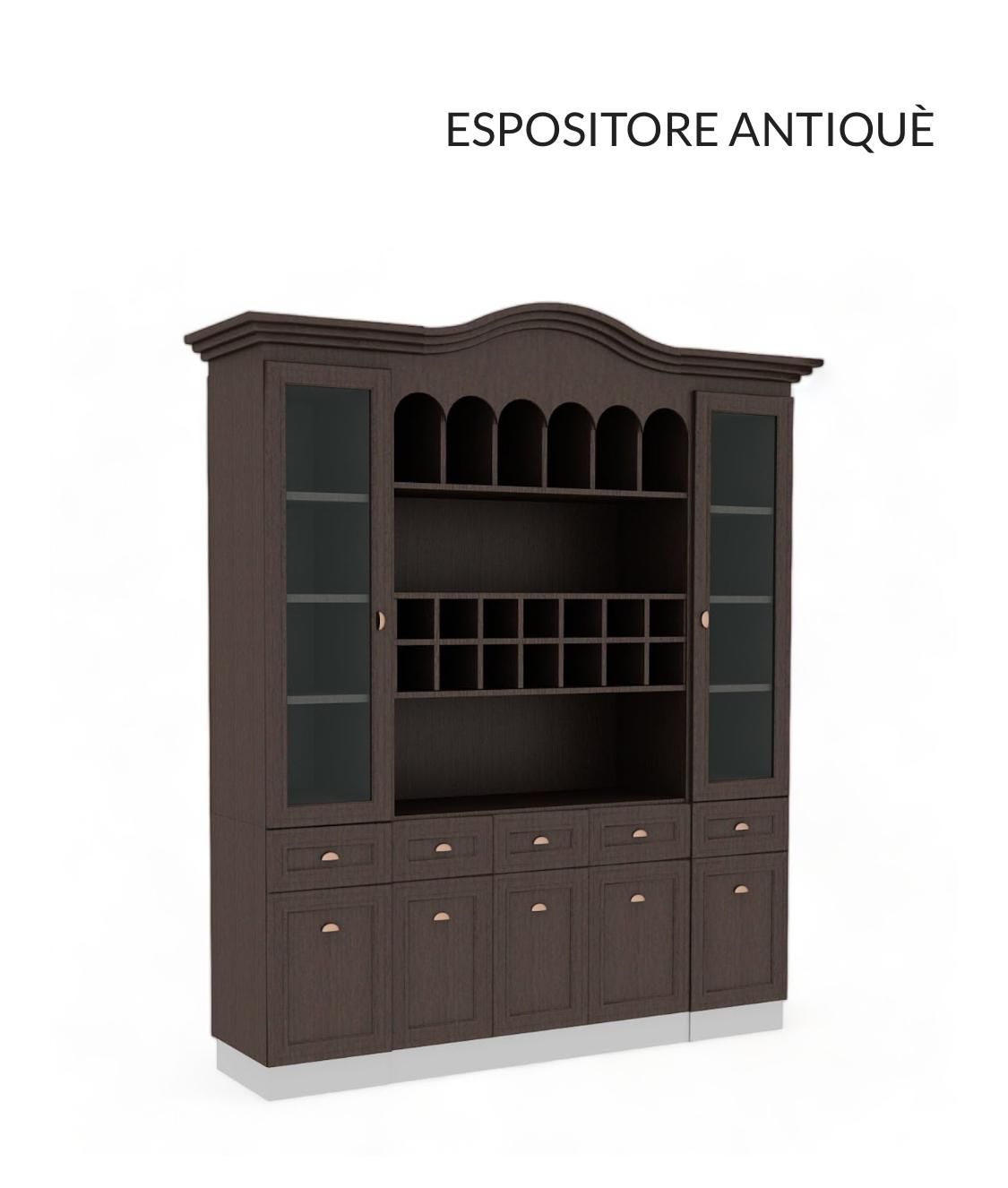 Un modelo 3D de un gabinete de madera con puertas de vidrio y cajones.