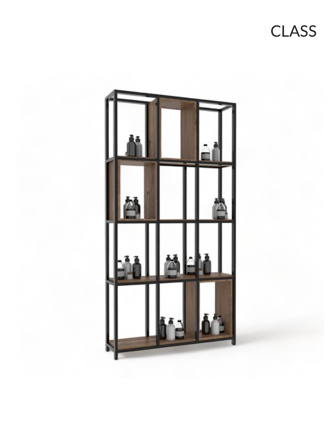 Un estante lleno de botellas de cosméticos sobre un fondo blanco.