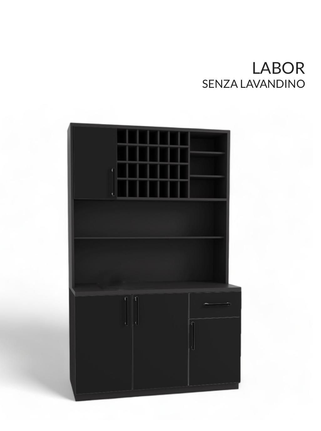 Un armario negro con estantes y cajones sobre un fondo blanco.