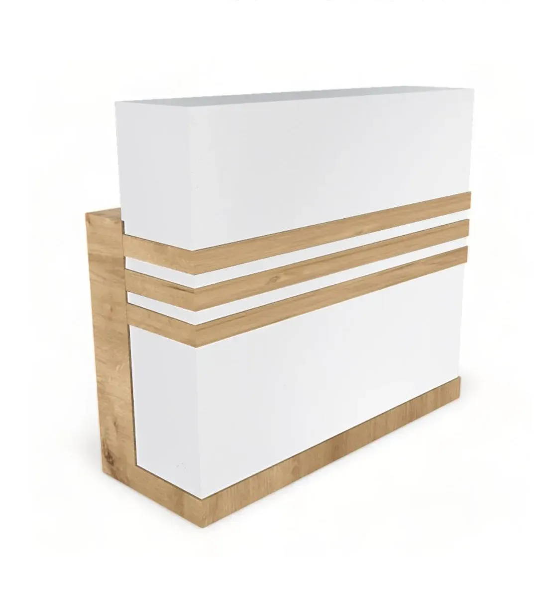Un mostrador de recepción blanco y de madera con tres líneas.