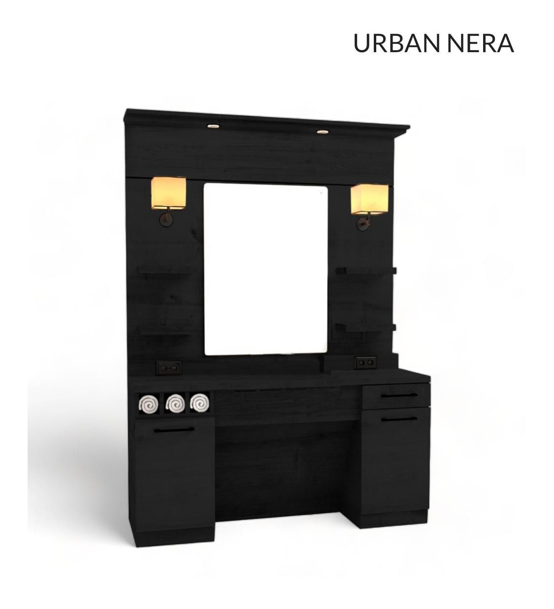 Un tocador negro con un espejo y luces.