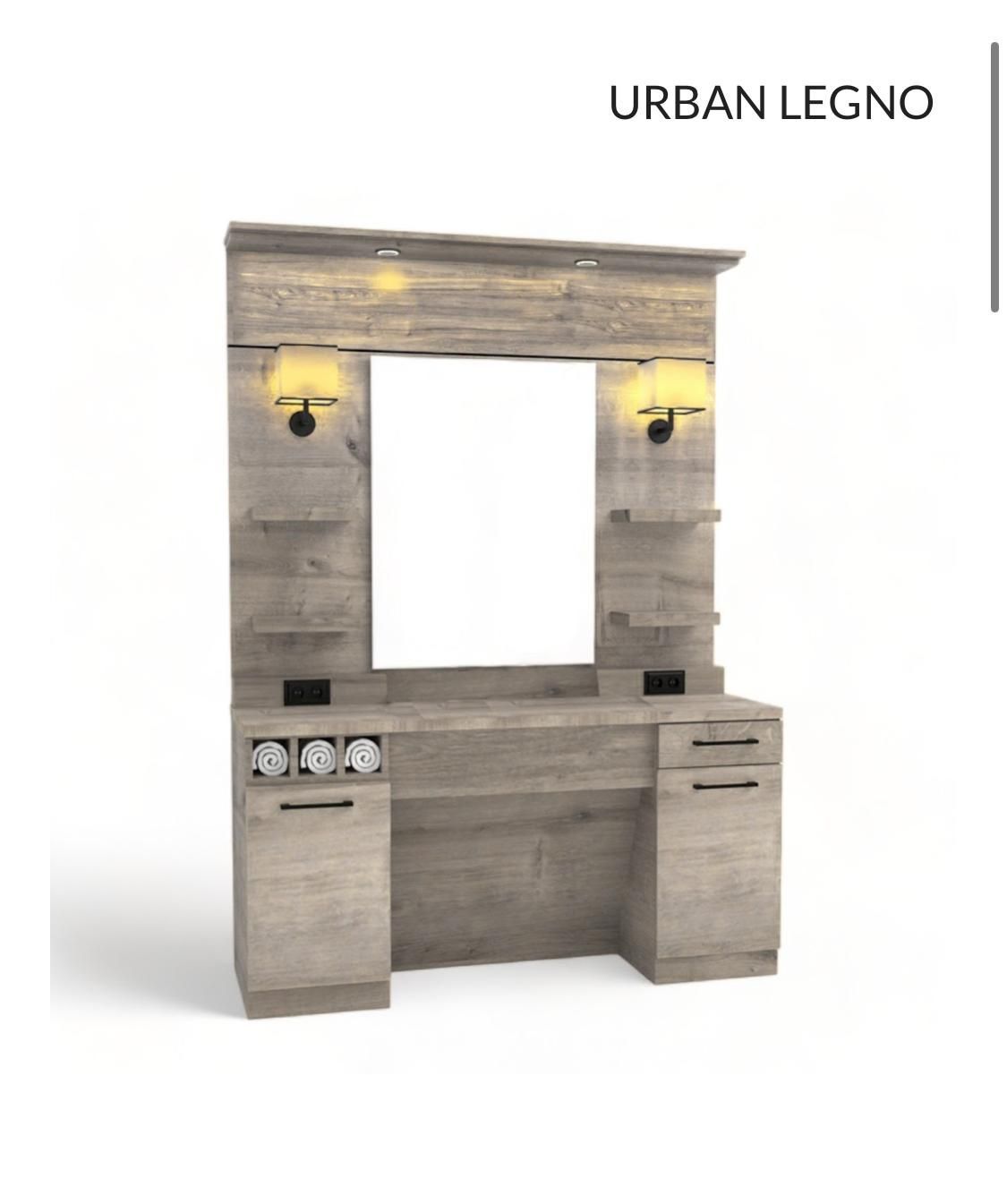 Un tocador de madera con espejo y luces.