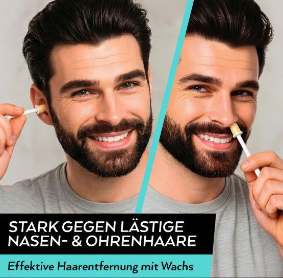 Hombre aplicándose cera para eliminar el vello nasal, imagen comparativa antes y después con texto en alemán.