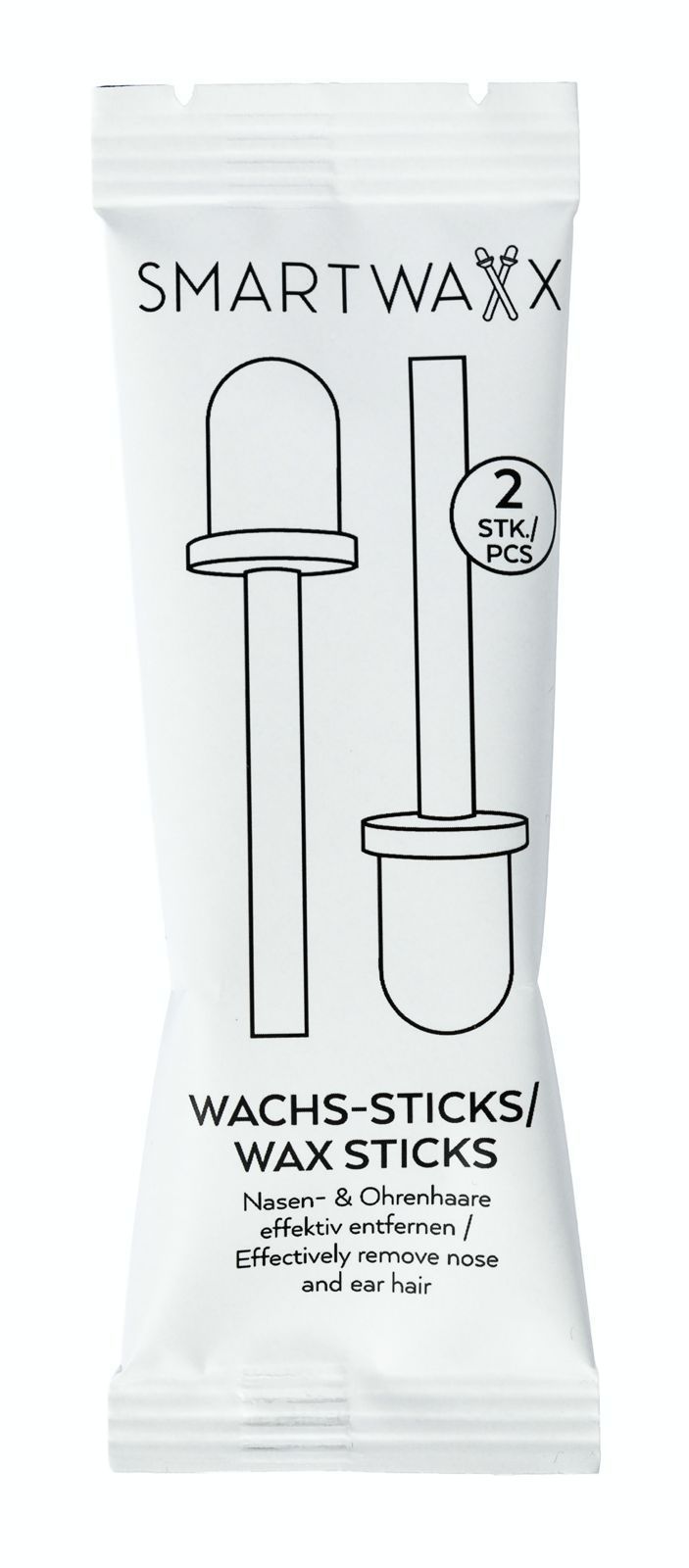 Paquete de barras de cera Smartwaxx blancas con dos barras estilizadas y una insignia “2x”.