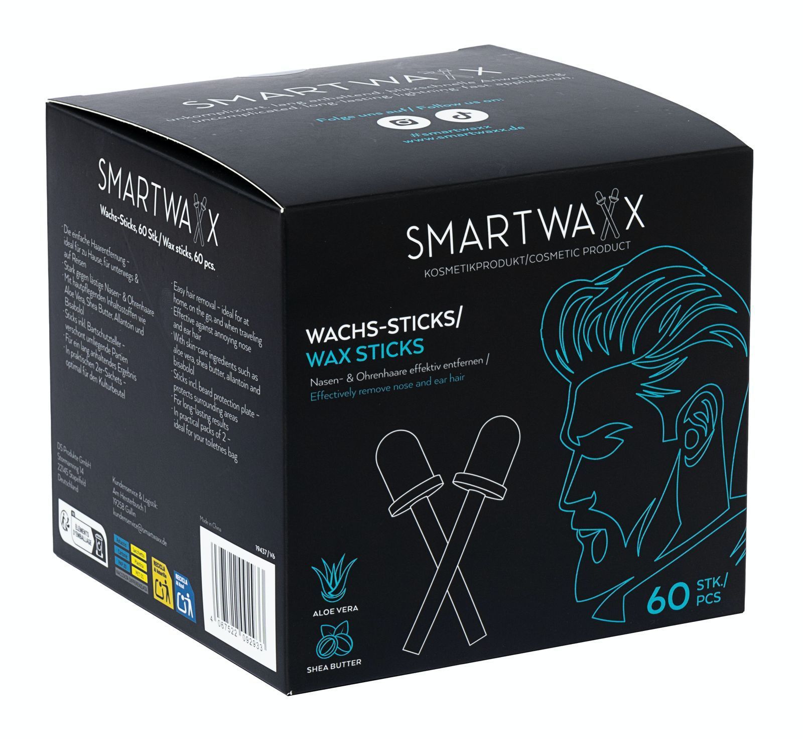 Caja de barras de cera SmartWAX X, embalaje negro con ilustración lineal en color turquesa y etiqueta del producto.