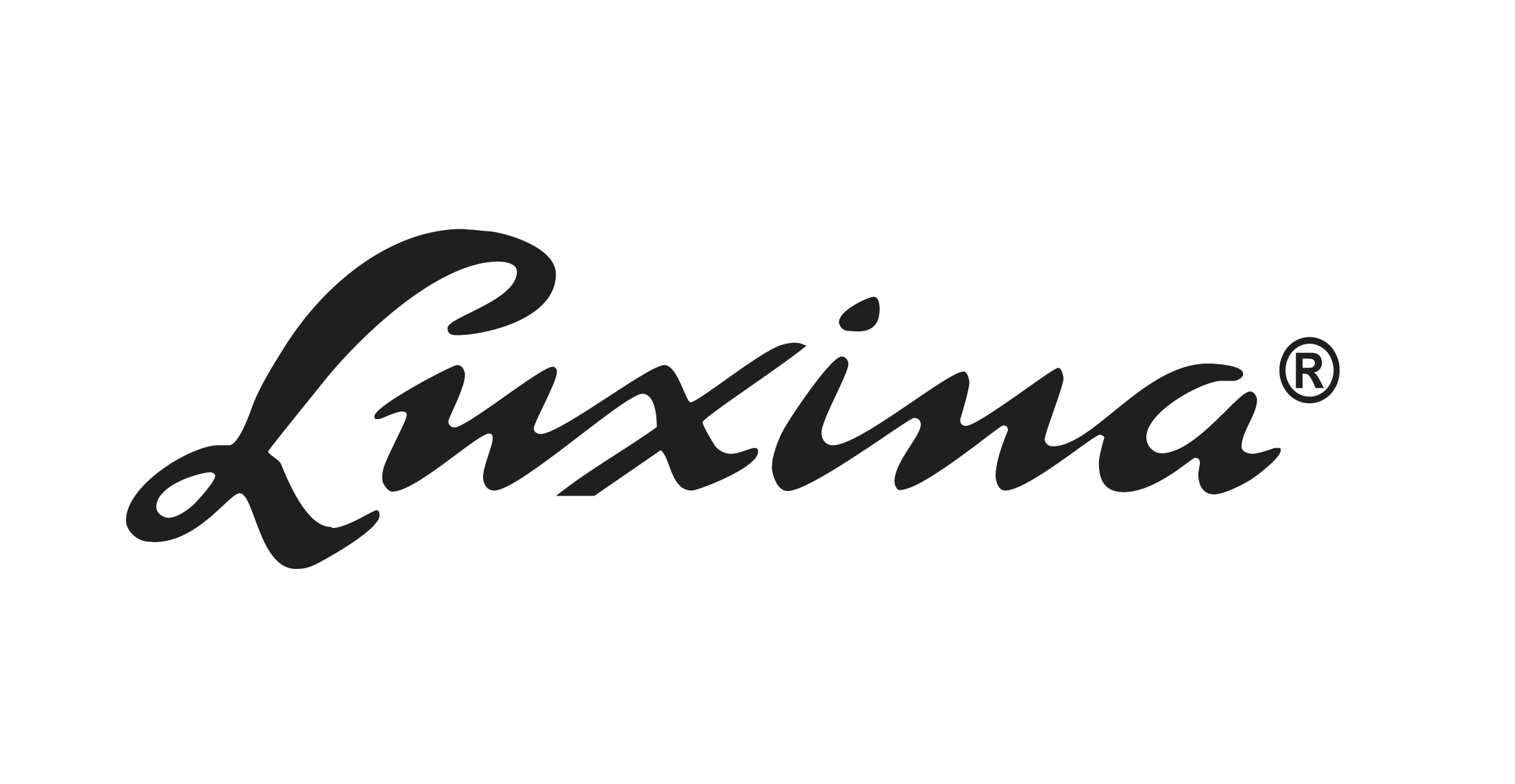 Un logotipo en blanco y negro para Luxina sobre un fondo blanco.