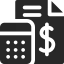 Un icono en blanco y negro de una calculadora, papeles y un signo de dólar.