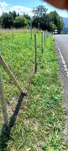 Una valla rodea un campo de hierba al lado de una carretera.