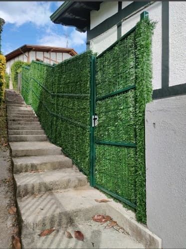 Escaleras que conducen a un edificio con una valla verde.