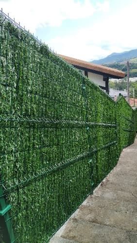 Una valla cubierta de césped artificial se encuentra a lo largo de una acera al lado de una casa.
