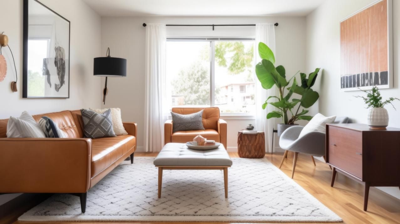 Sala de estar con sofá de cuero, sillón y alfombra, con gran ventanal y muebles de madera.