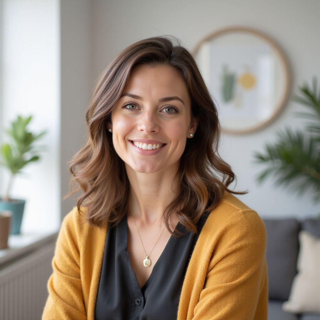 Mujer con cabello castaño y suéter amarillo sonriendo, en el interior.