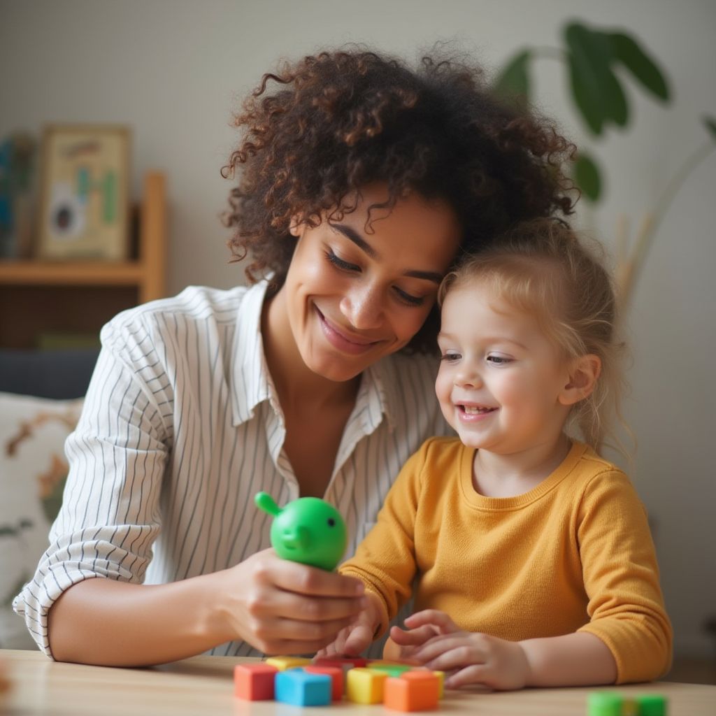 Mujer y niño jugando con juguetes, sonriendo en el interior.