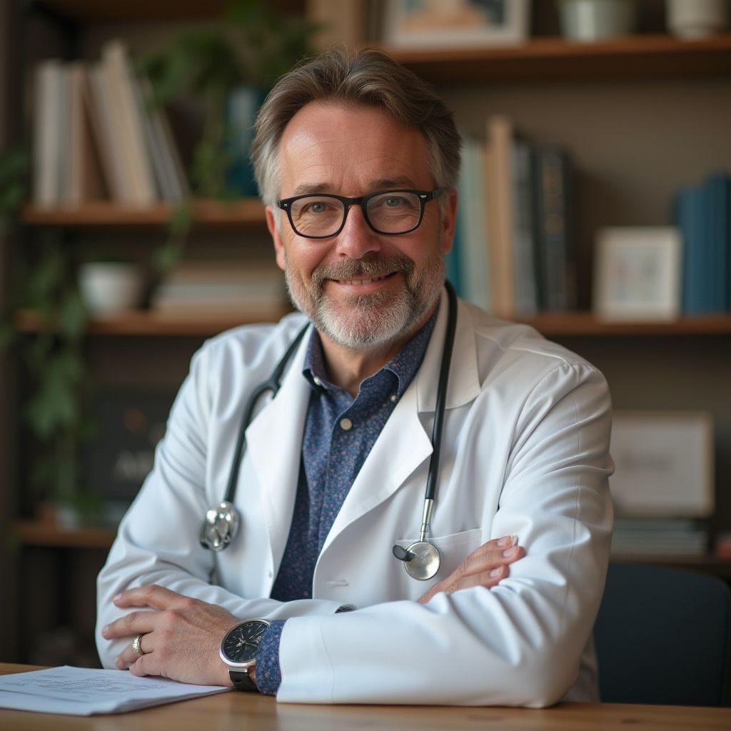 Médico con gafas y estetoscopio, sentado en un escritorio con los brazos cruzados.