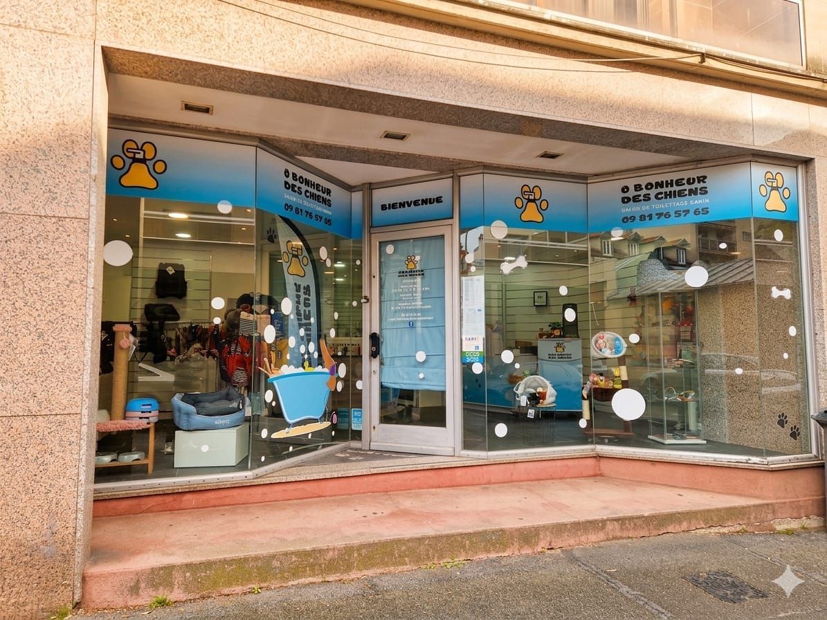 Façade d'un salon de toilettage pour animaux avec enseigne bleue.
