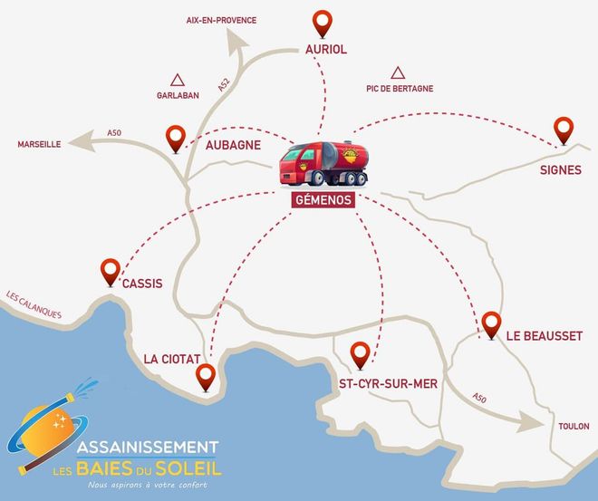 Carte du sud de la France indiquant les itinéraires desservit par ABS sur les villes voisines et une icône de voiture.