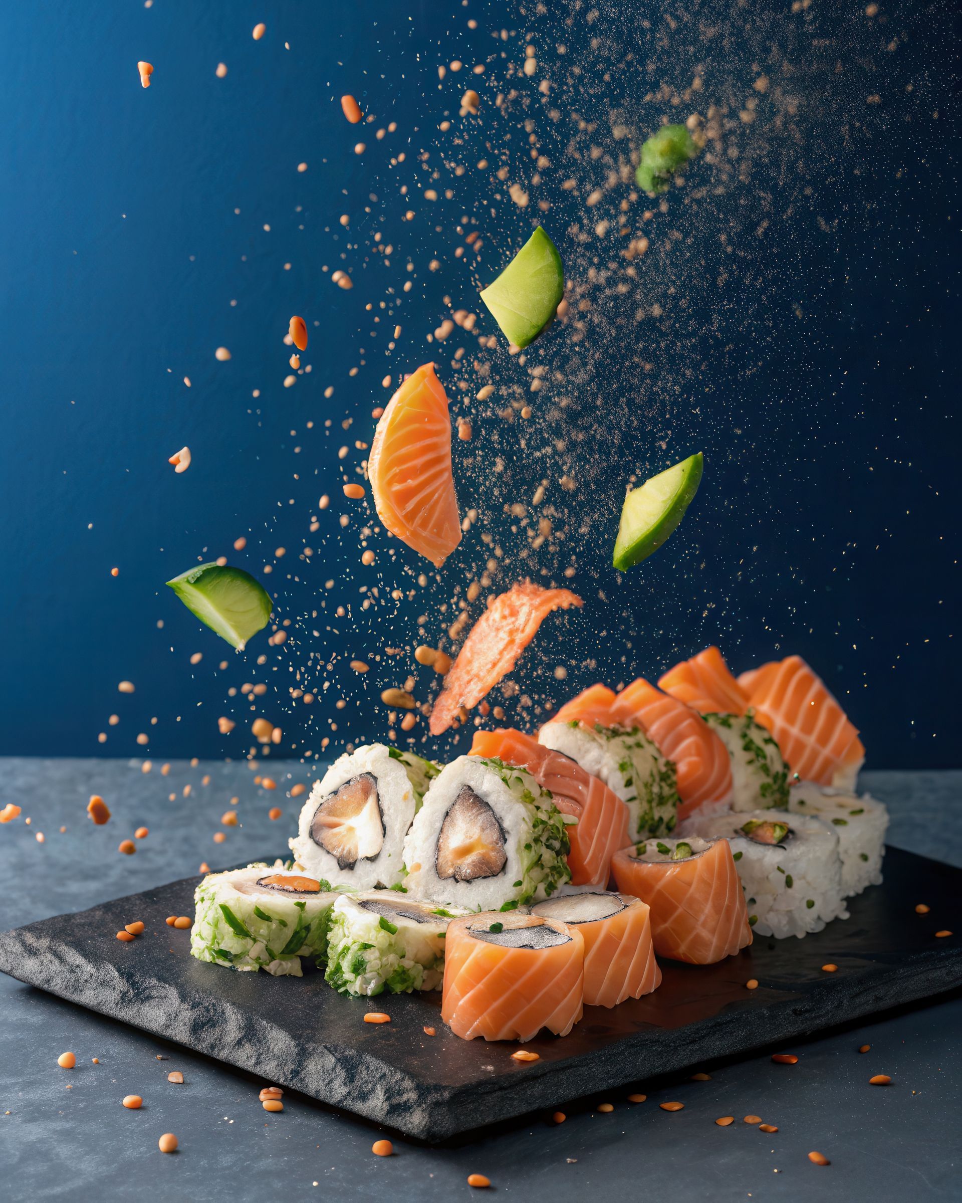 Uramakis et makis sur une ardoise