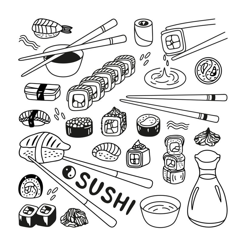 Dessin de sushis, makis et uramakis