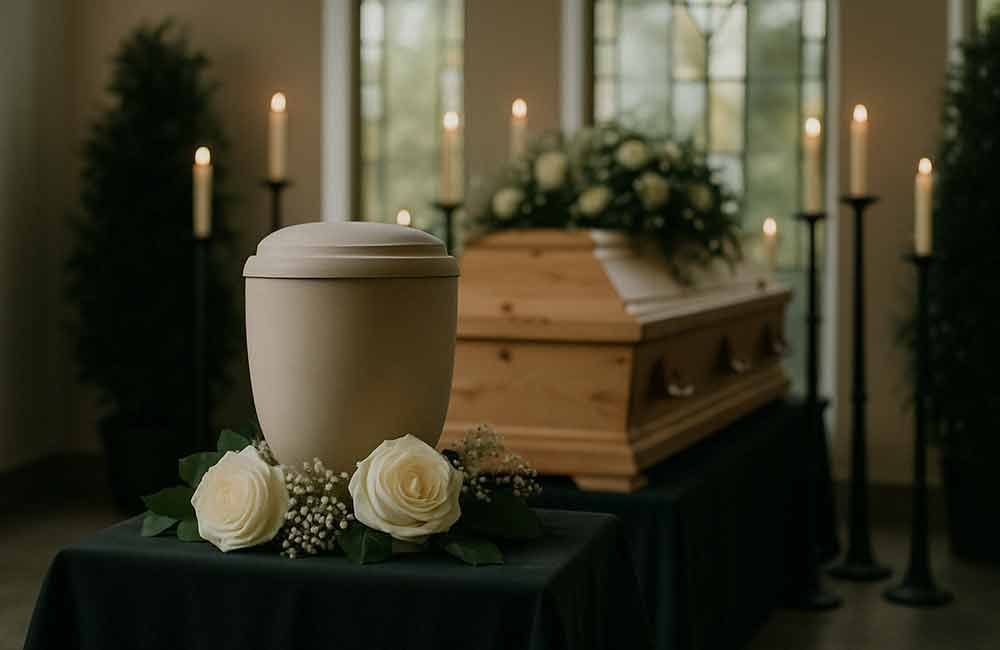 Ein Mann steht neben einem schwarzen Lieferwagen auf einem Friedhof.