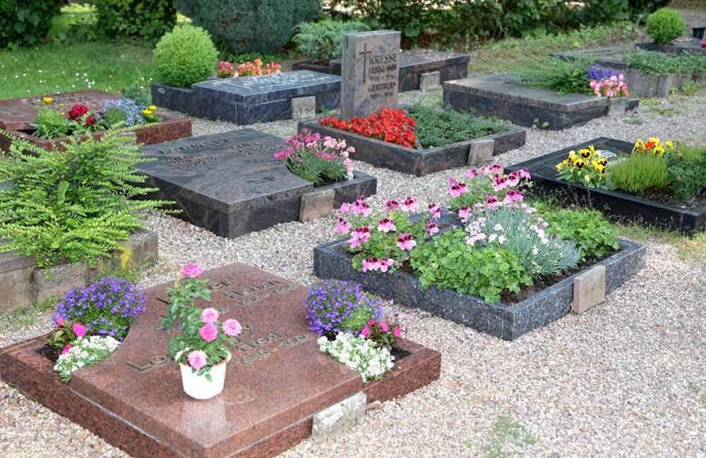 Ein Friedhof mit vielen Gräbern und Blumen