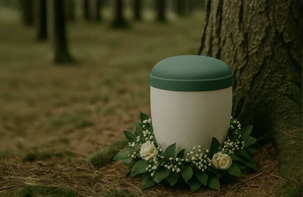 Eine weiße Urne mit grünem Deckel steht neben einem Baum im Wald.