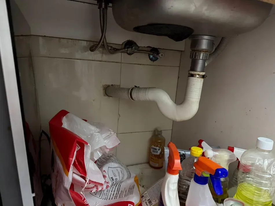 Área debajo del fregadero con tuberías y diversos productos de limpieza en el suelo.