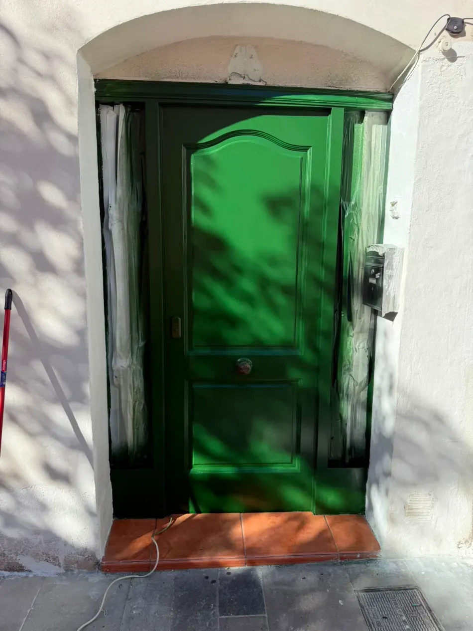 Una puerta verde enmarcada por un arco blanco, con la luz del sol y las sombras de los árboles proyectándose en la pared.