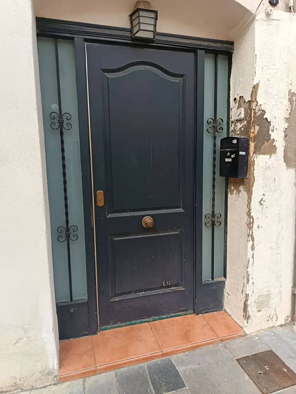 Puerta principal azul oscuro con paneles laterales de vidrio, escalón de terracota y buzón de pared negro.