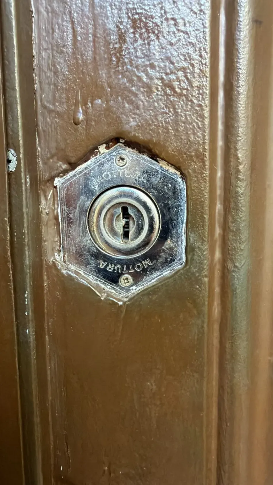 Primer plano de una cerradura hexagonal de latón en una puerta de madera marrón.