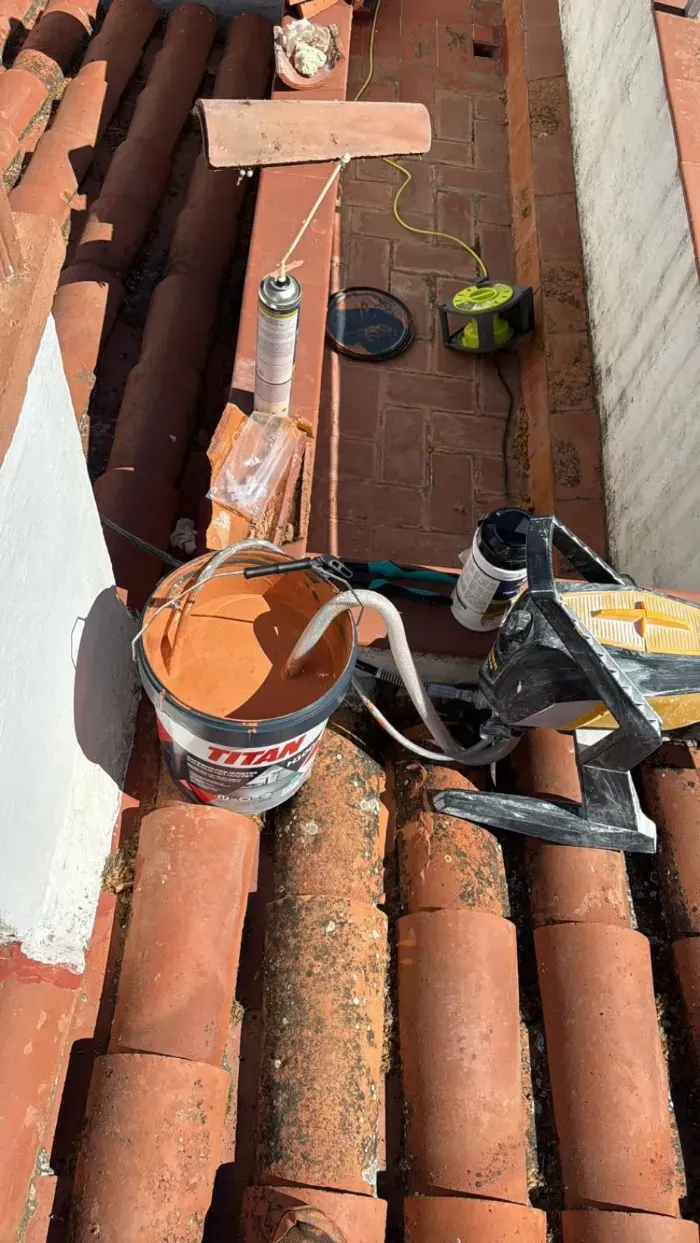Cubos y herramientas sobre un tejado de tejas, con una cuerda y un tablón de madera entre las chimeneas.