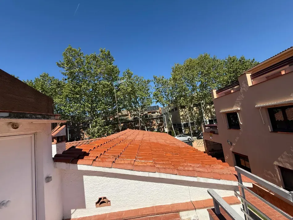 Tejados de tejas rojas y un cielo azul con árboles entre los edificios de apartamentos.