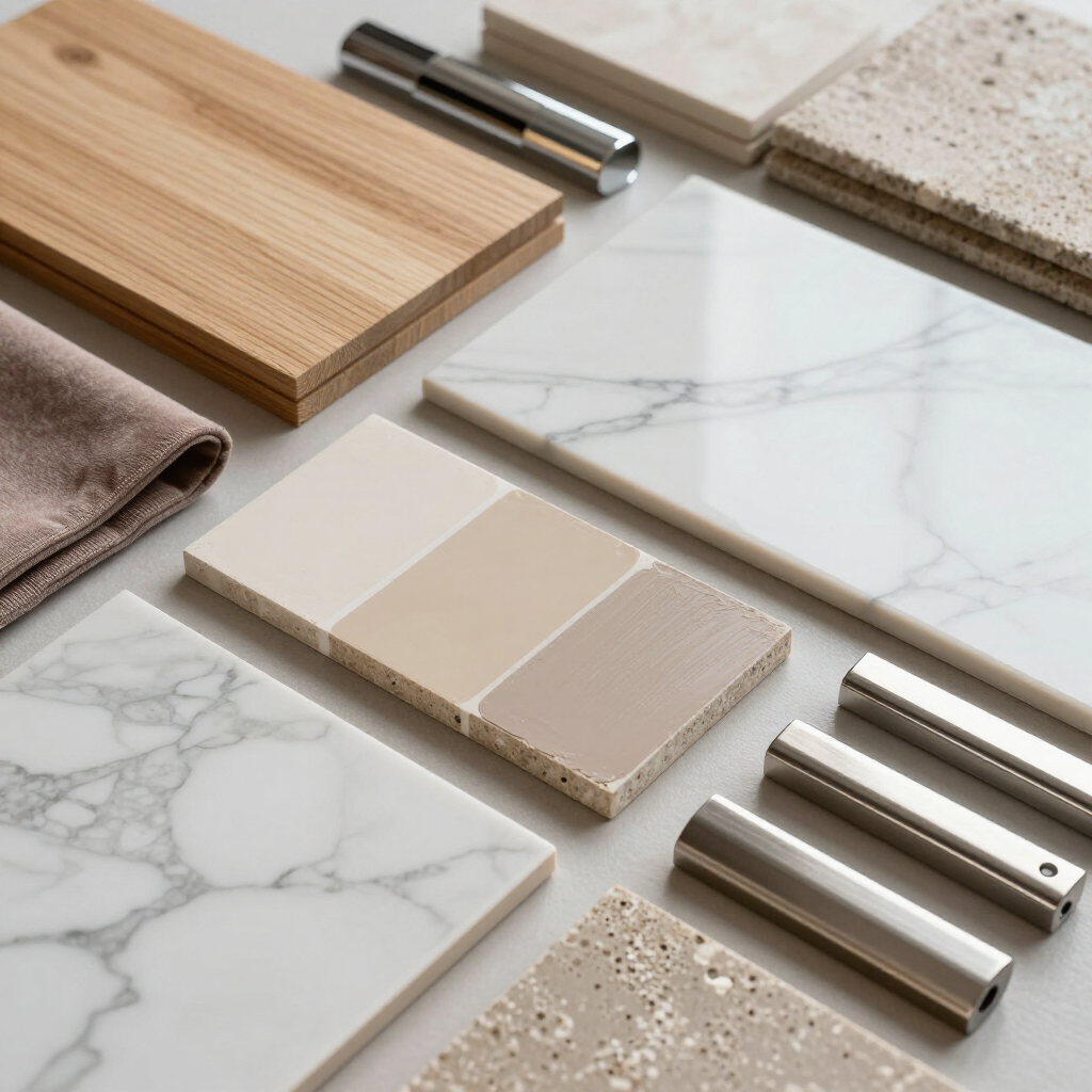 Muestras variadas de materiales para encimeras: madera, mármol, piedra y acabados metálicos dispuestos sobre una superficie blanca.