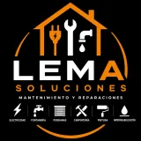 Logo de LEMA Soluciones con casa naranja y herramientas blancas sobre fondo negro.