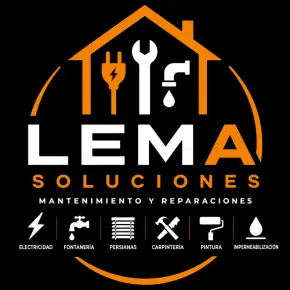Logo de LEMA Soluciones con casa naranja y herramientas blancas sobre fondo negro.