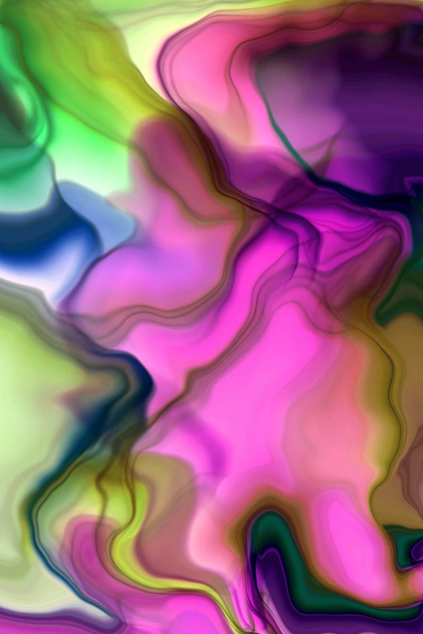 Obra de arte abstracta con colores fluidos y vibrantes: verde, rosa, morado y azul.