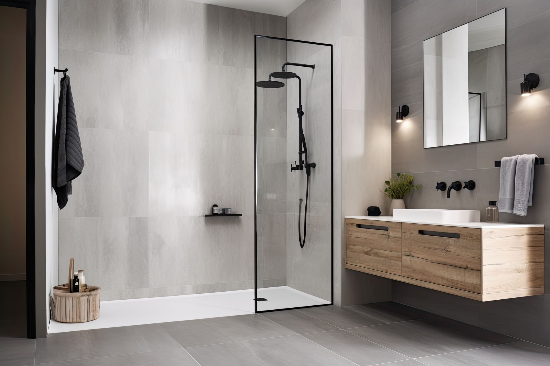 Salle de bains moderne avec douche à l'italienne, meuble-lavabo en bois, miroirs et murs gris neutres.