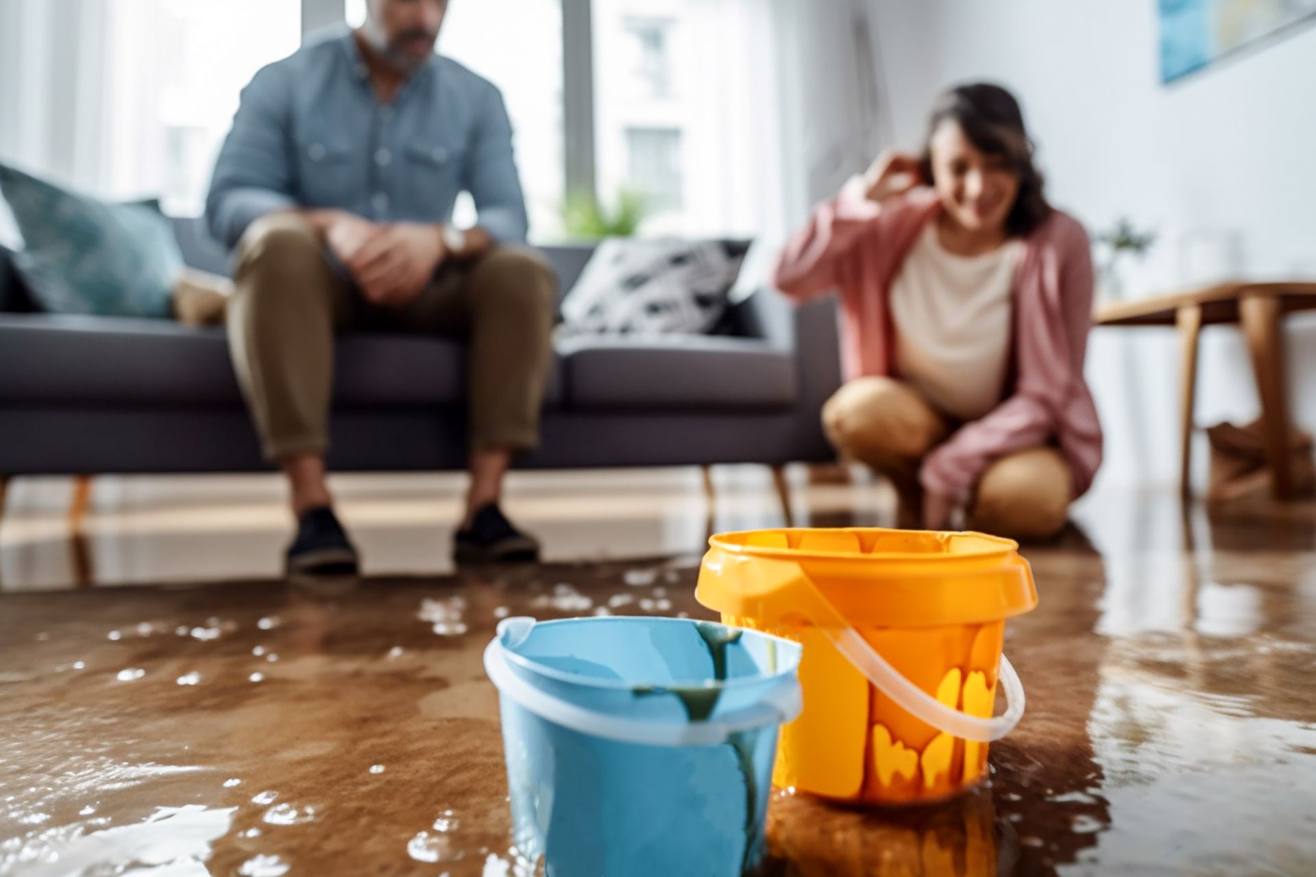 De l'eau s'est répandue sur le sol avec deux seaux, tandis que deux personnes nettoient dans un salon.