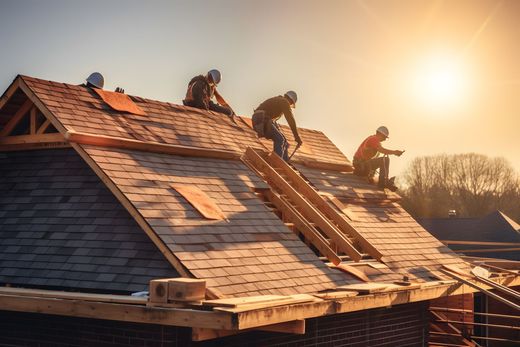 Des ouvriers posent des bardeaux sur le toit d'une maison au coucher du soleil, avec une échelle et des outils visibles.