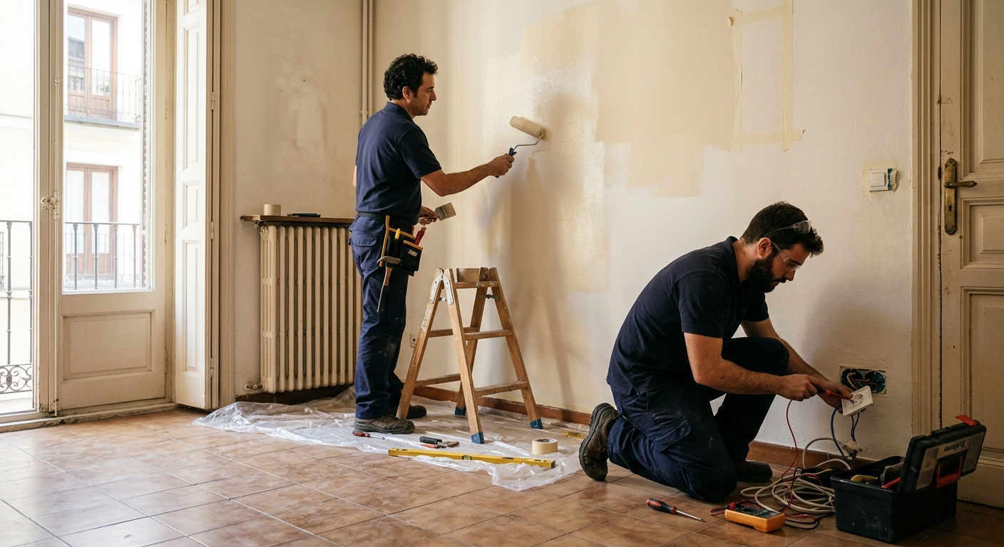 Dos personas pintando y reparando una habitación, con herramientas en el suelo y una escalera junto a la pared.