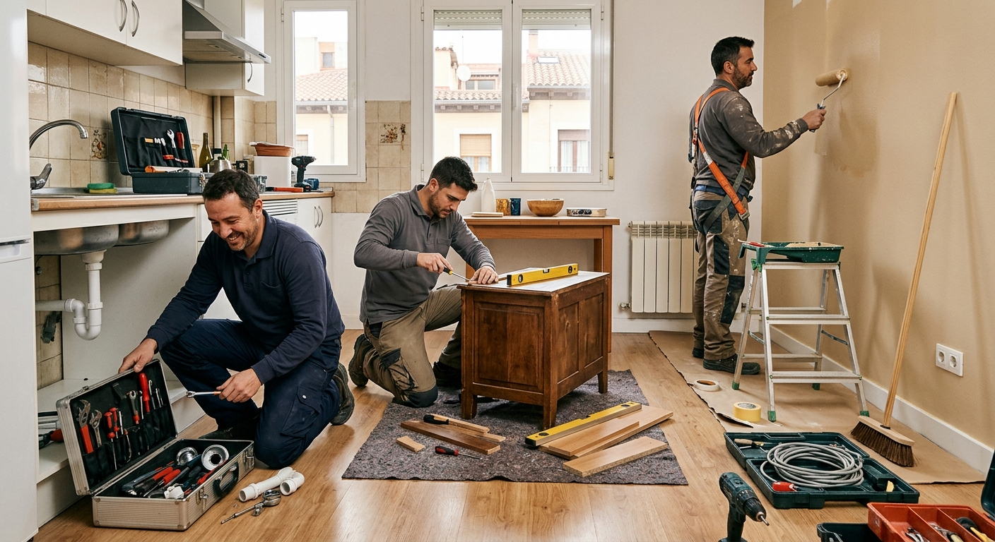 Tres personas renovando una habitación luminosa, montando muebles y pintando paredes con herramientas esparcidas cerca.