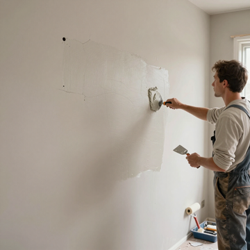 Persona enyesando una pared con una llana en una habitación luminosa.