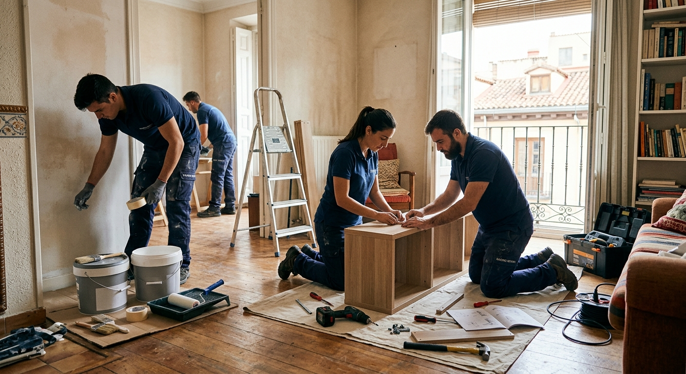 Obreros ensamblando muebles en una habitación luminosa durante la renovación de una vivienda, con herramientas y latas de pintura esparcidas por el lugar.