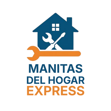 Logotipo con una casa azul, una llave inglesa naranja y herramientas cruzadas. El texto dice