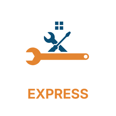 Logotipo: Llave inglesa naranja, llave inglesa y destornillador azules, casa azul,