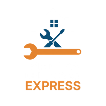 Logotipo: Llave inglesa naranja, llave inglesa y destornillador azules, casa azul, 