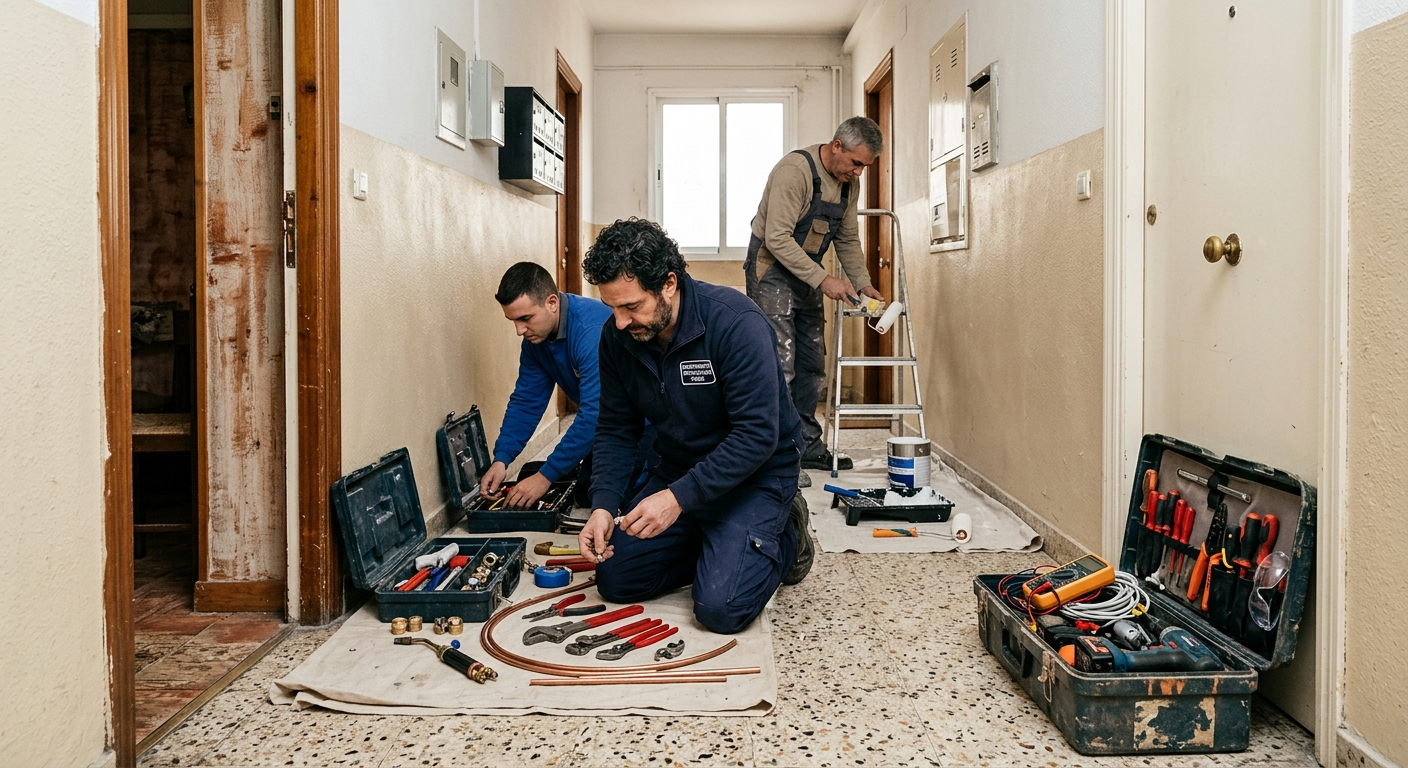 Técnicos trabajando en el cableado de un pasillo, con las cajas de herramientas abiertas en el suelo.