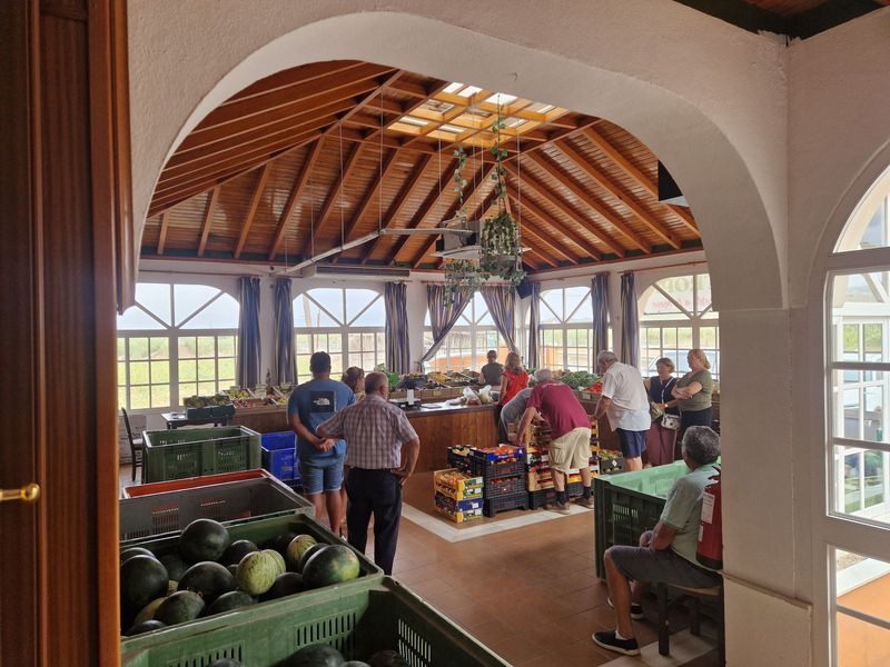 Un grupo de personas está de pie en una habitación llena de frutas y verduras.