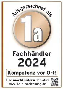 Ausgezeichnet als 1a Fachhändler 2024 Ausgezeichnet als 1a Fachhändler 2024, weiß-goldenes Siegel mit „Kompetenz vor Ort!“