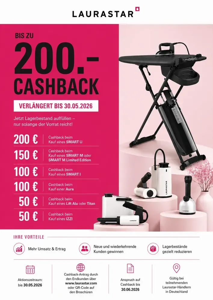 Laurastar-Cashback-Werbung mit schwarzem Bügelsystem und weißen Dampfprodukten auf rosa Hintergrund