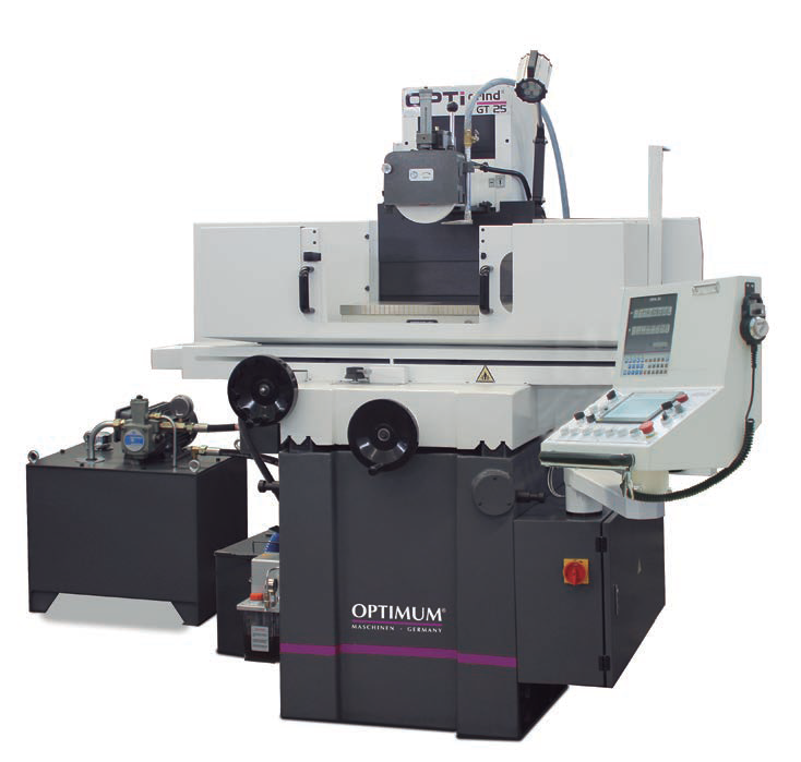 Rectificadora de superficies OPTIMUM de color gris y negro, con panel de control y superficie de trabajo.